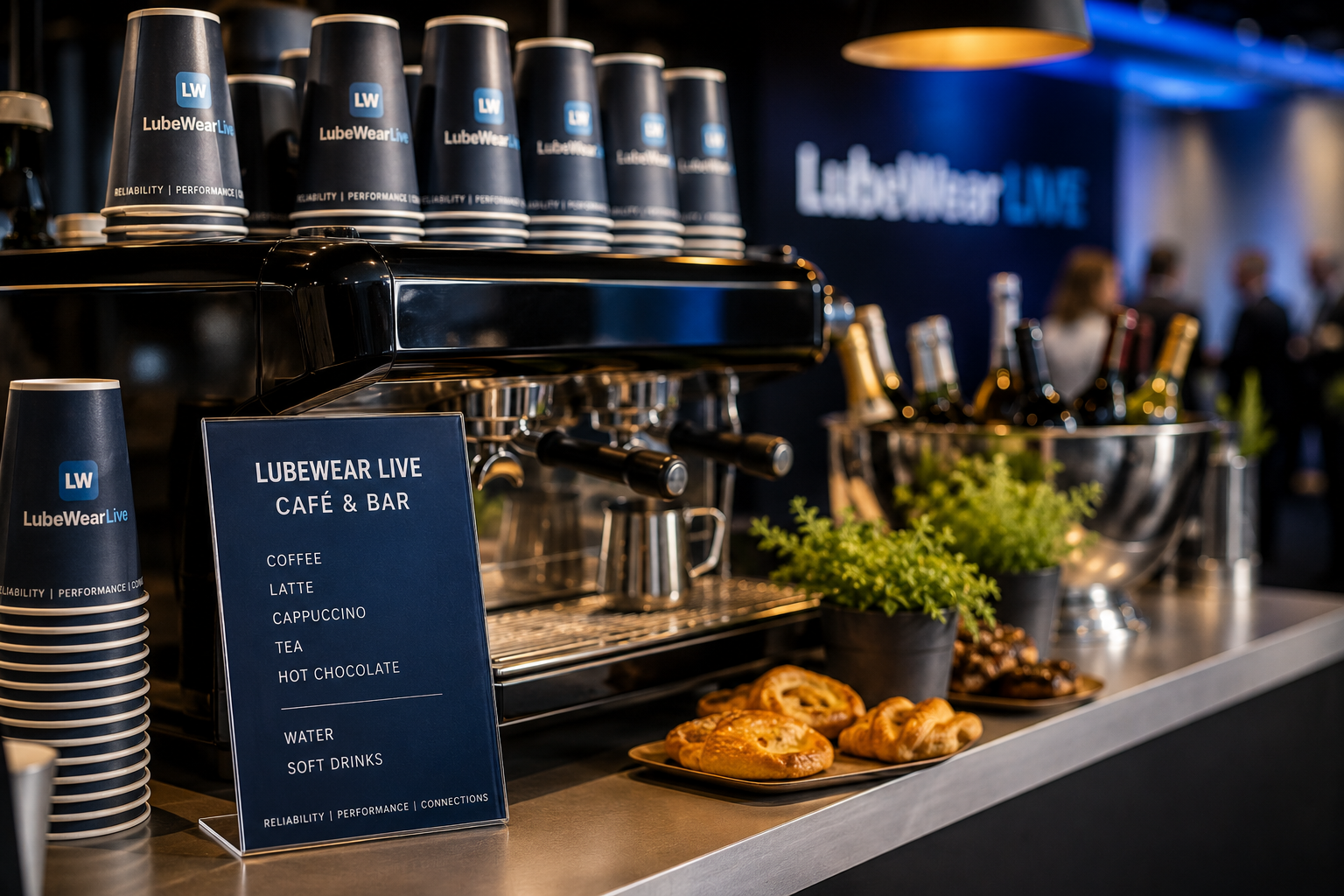 The LubeWear Live café & bar — branded cups, fresh pastries and drinks on ice