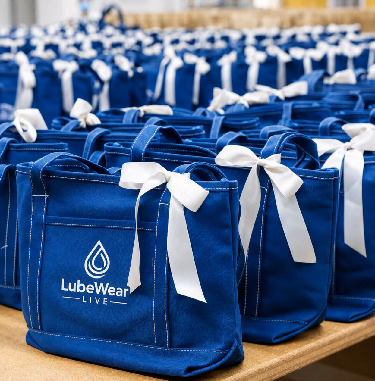 Rows of blue LubeWear Live goody bags tied with white ribbon